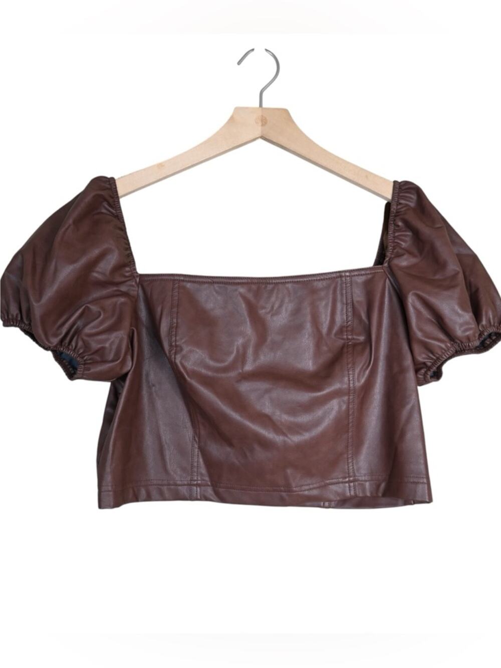 7FAM Women's L Faux Leather Puff Sleeve Crop Top in Brown NEW